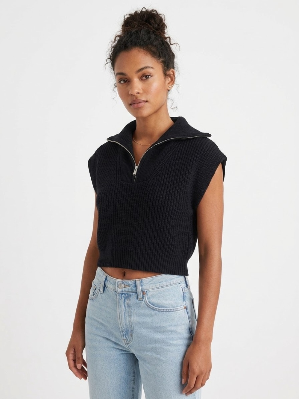 Zara Sleeveless Half‑Zip Knit Top – Black, Size Small